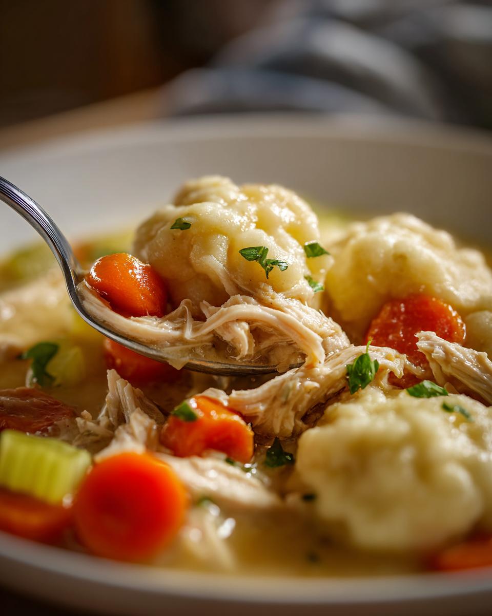 A spoonful of cozy slow cooker chicken and dumplings, featuring shredded chicken, fluffy dumplings, and carrots.