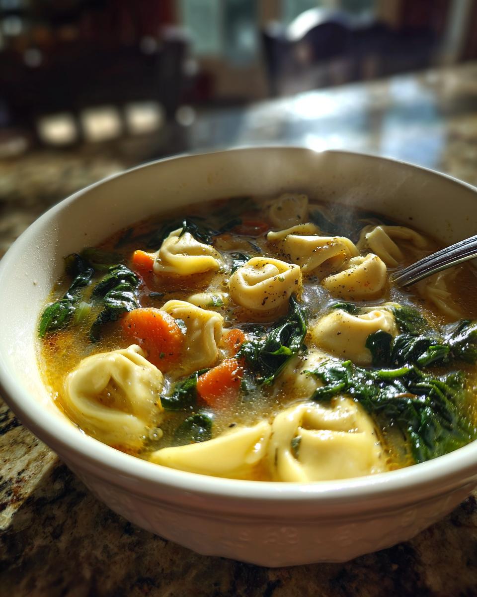 A steaming bowl of Slow Cooker Creamy Tortellini Soup filled with tortellini, spinach, and diced tomatoes.