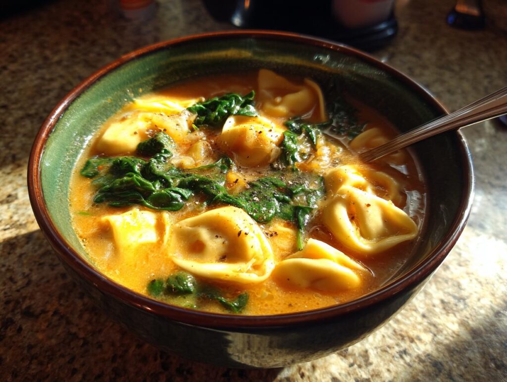 A bowl of Slow Cooker Creamy Tortellini Soup with spinach and a spoon, showcasing the rich broth and tortellini.