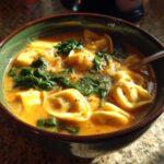 A bowl of Slow Cooker Creamy Tortellini Soup with spinach and a spoon, showcasing the rich broth and tortellini.