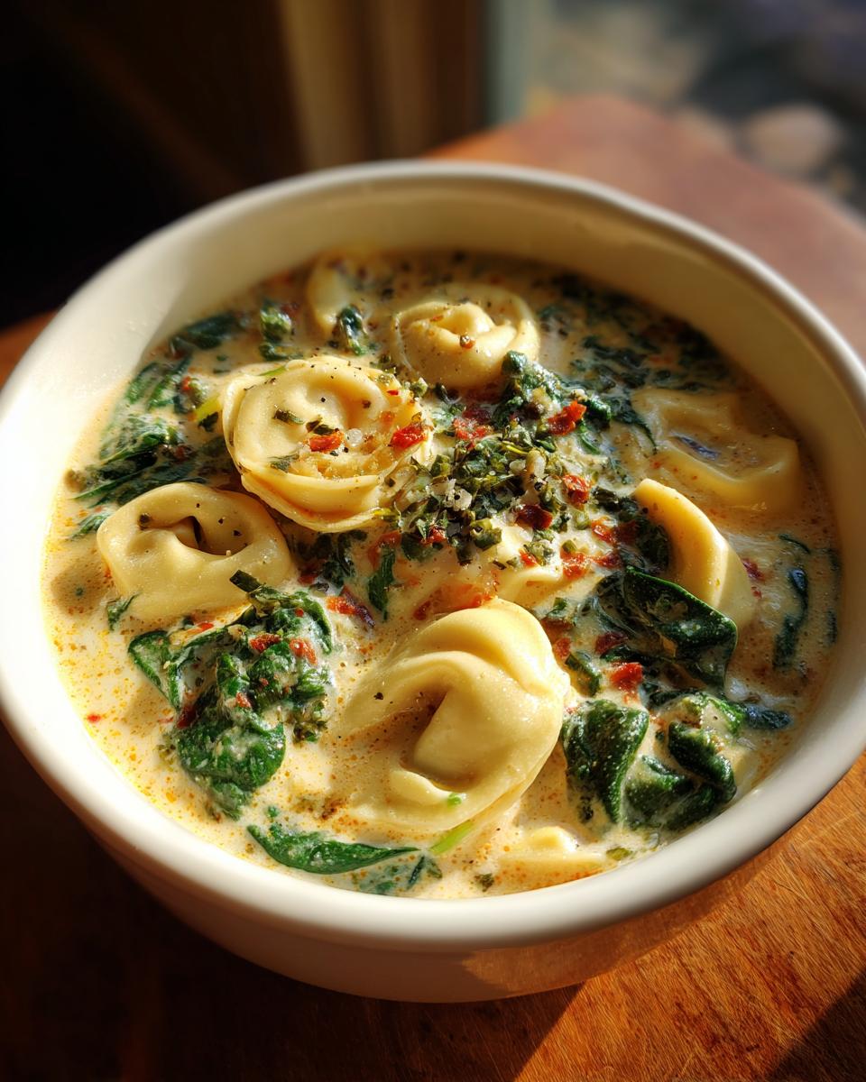 A close-up of a white bowl filled with Slow Cooker Creamy Tortellini Soup, featuring tortellini, spinach, and a creamy broth.