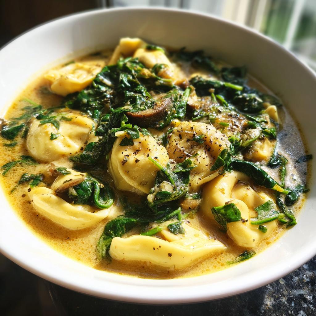 A close-up of a white bowl filled with Slow Cooker Creamy Tortellini Soup, featuring tortellini pasta, spinach, and mushrooms in a rich broth.