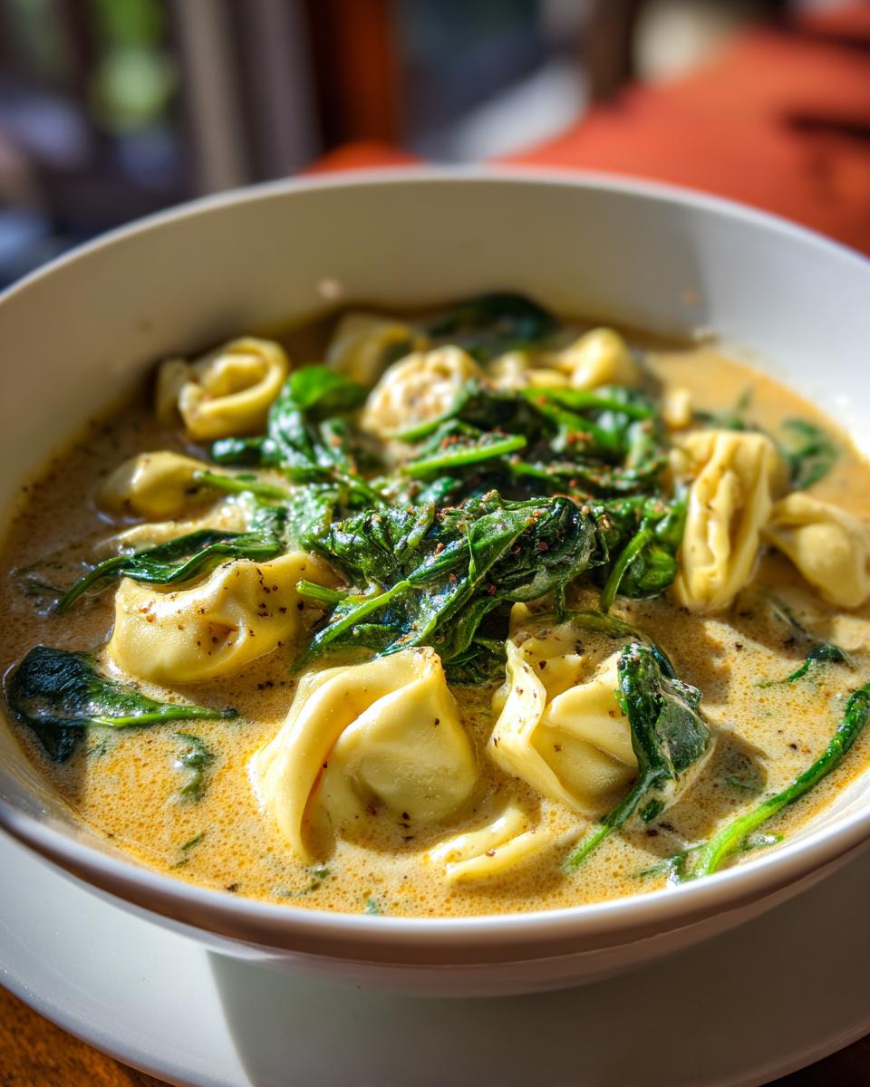 A close-up of a bowl of creamy tortellini soup with fresh spinach and pepper.