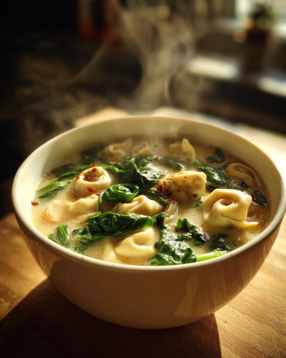 A steaming bowl of Slow Cooker Creamy Tortellini Soup with fresh spinach and tortellini pasta.