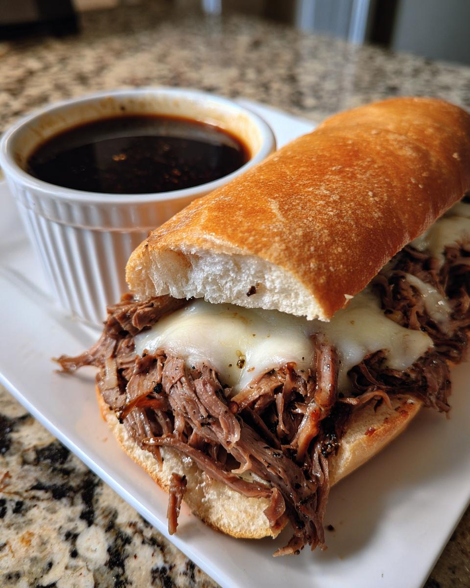 A delicious slow cooker French dip sandwich on a bun with melted cheese and a side of au jus for dipping.