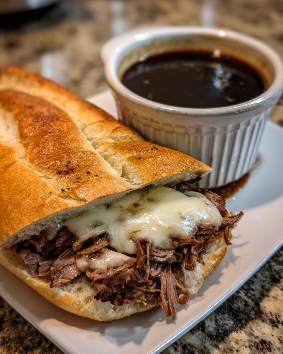 A delicious slow cooker French dip sandwich filled with shredded beef and melted cheese, served with a side of au jus.