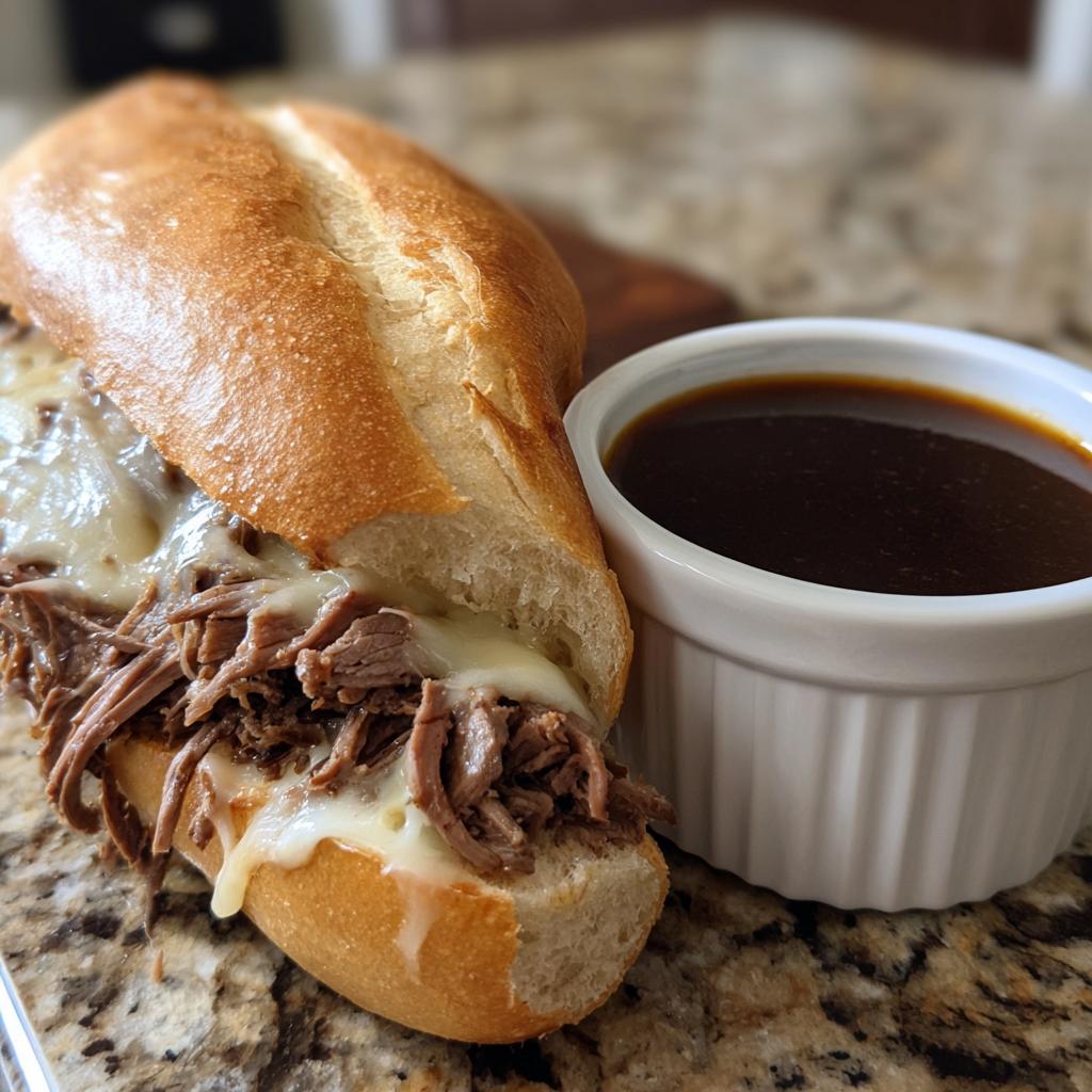 A delicious slow cooker French dip sandwich with melted cheese and a side of au jus.