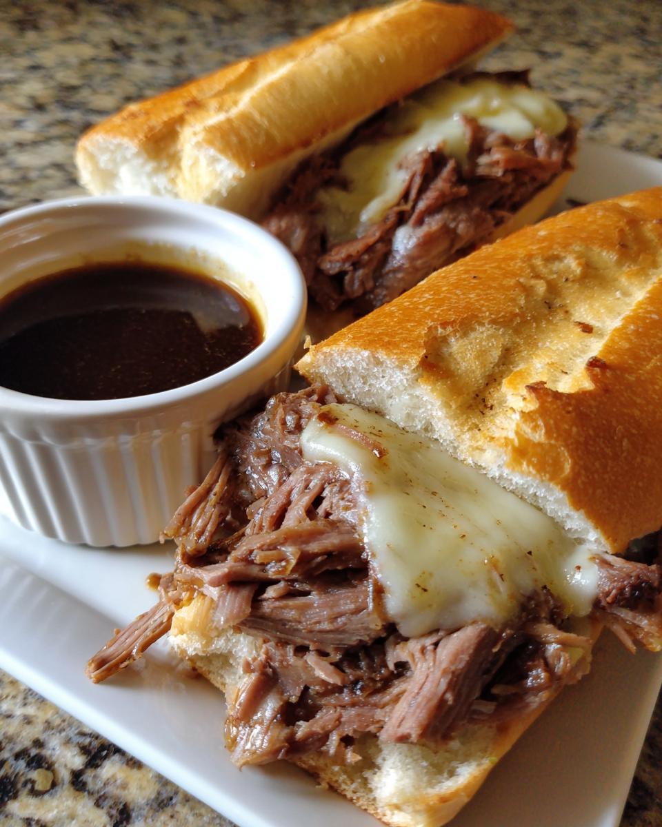 Two delicious slow cooker French dip sandwiches with melted cheese and a side of au jus.