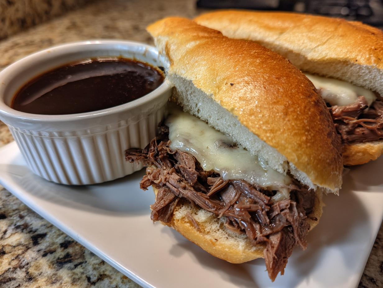 Two slow cooker French dip sandwiches with melted cheese and a side of au jus for dipping.