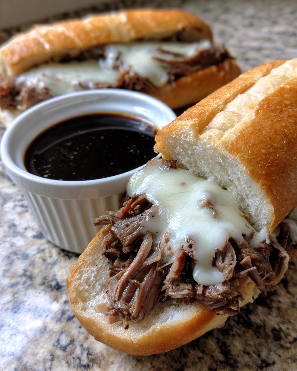 Two delicious Slow Cooker French Dip Sandwiches made simple, with melted cheese and a side of au jus.