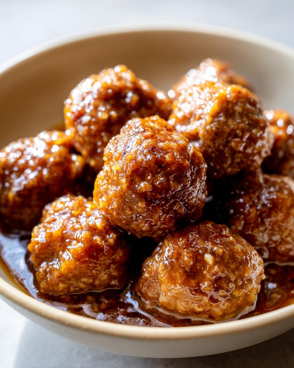 Close-up of a bowl filled with glistening Slow Cooker Honey Garlic Meatballs in a rich sauce.