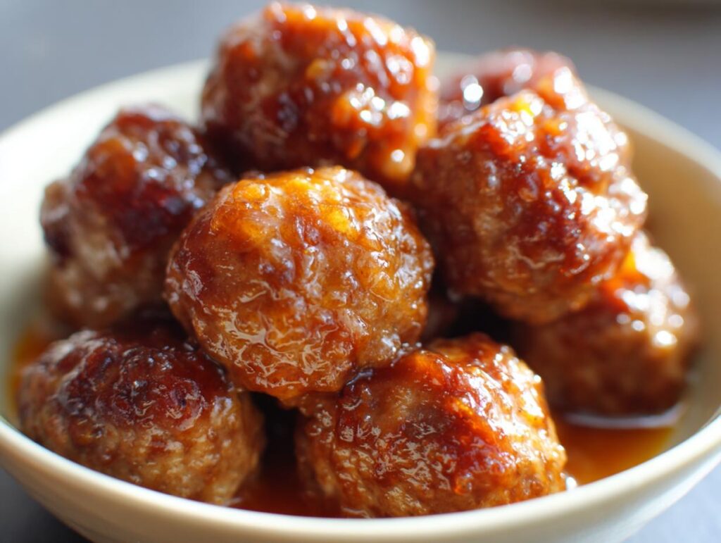 Close-up of delicious slow cooker honey garlic meatballs coated in a glossy sauce, ready for a party.