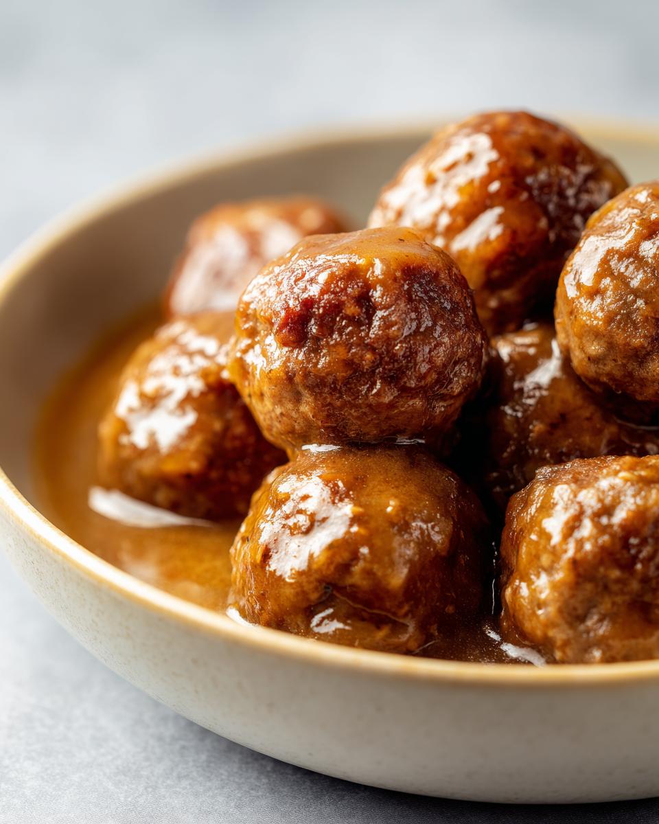 Close-up of glossy honey garlic meatballs in a bowl, perfect for slow cooker recipes.