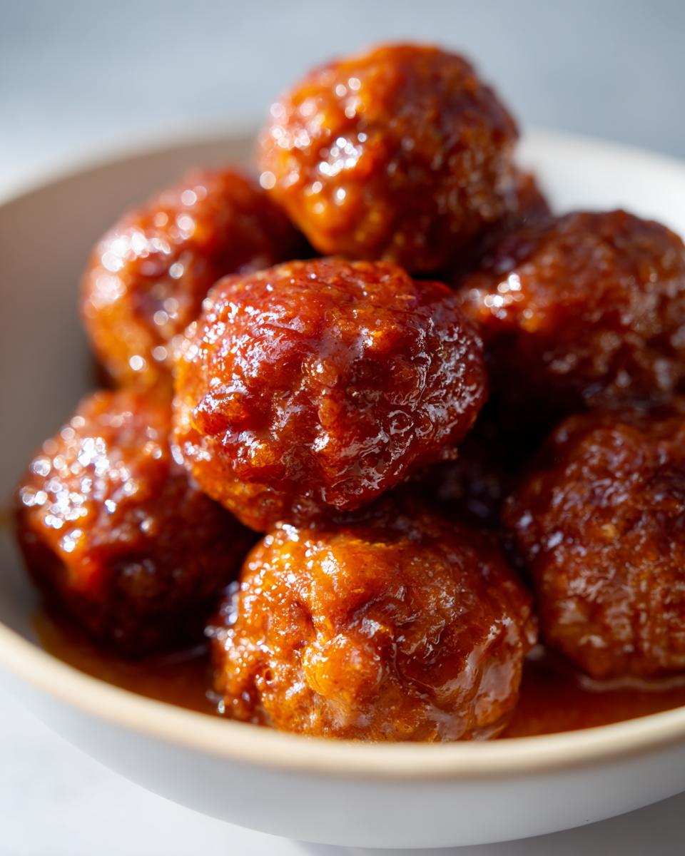 Close-up of a bowl filled with glistening Slow Cooker Honey Garlic Meatballs coated in a rich sauce.