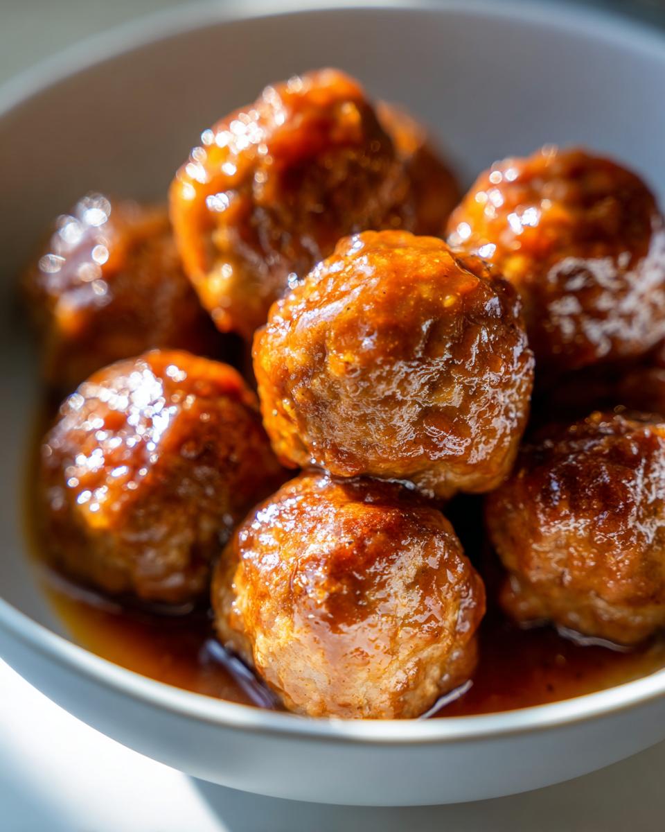 Close-up of glazed honey garlic meatballs in a bowl, perfect for slow cooker recipes at parties.
