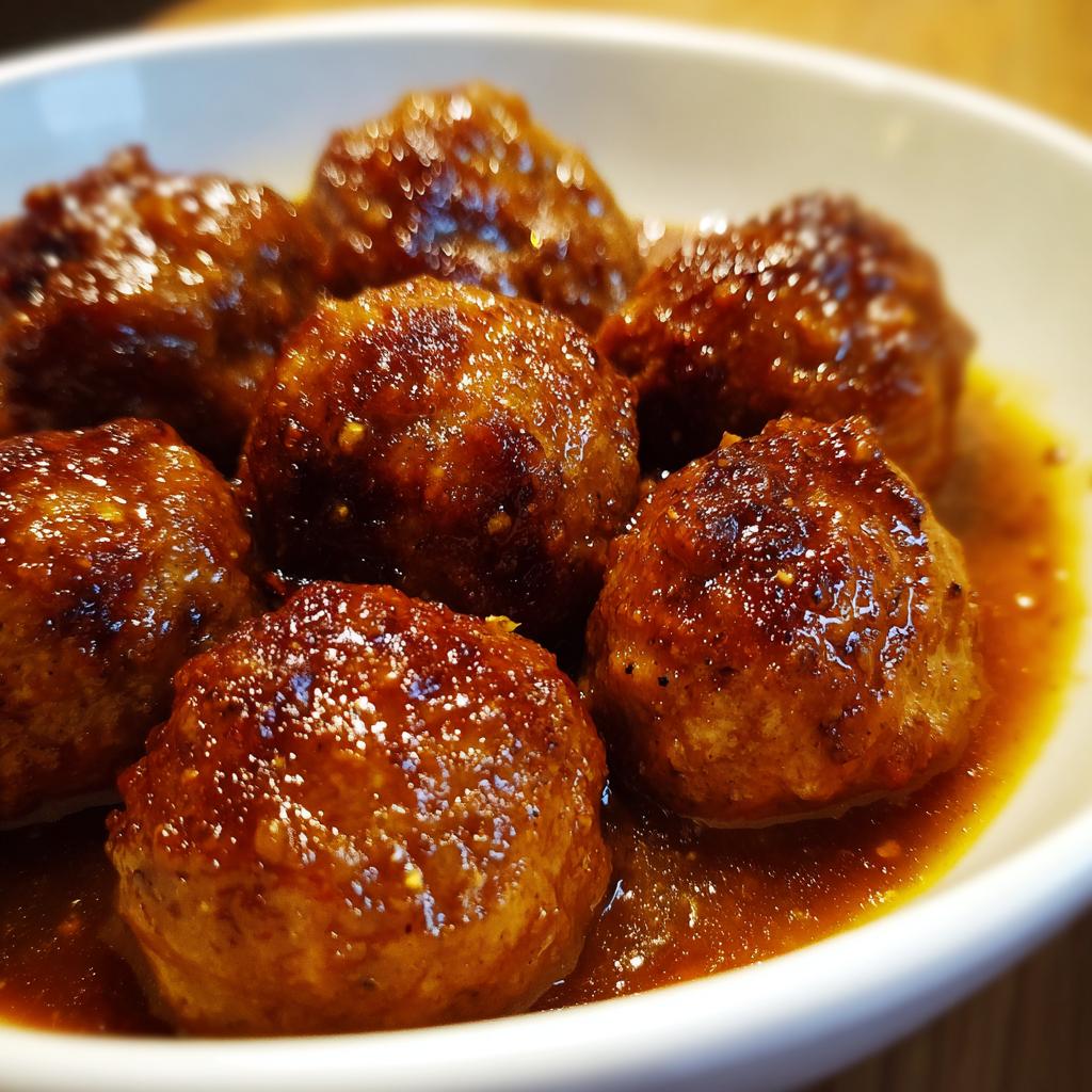 Close-up of delicious slow cooker honey garlic meatballs in a glossy sauce, perfect for parties.