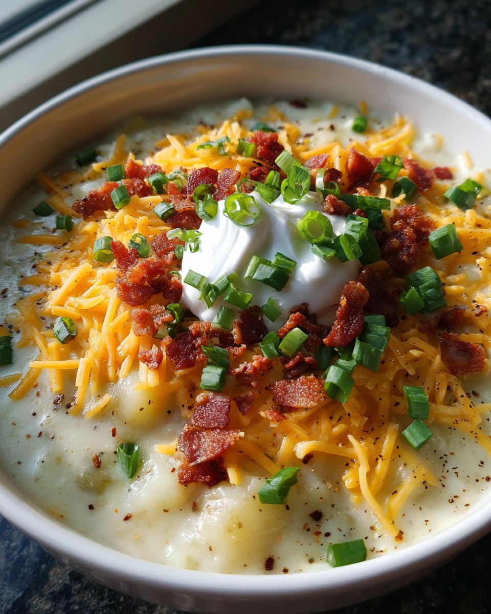 A bowl of creamy loaded baked potato soup topped with shredded cheese, bacon bits, sour cream, and green onions.