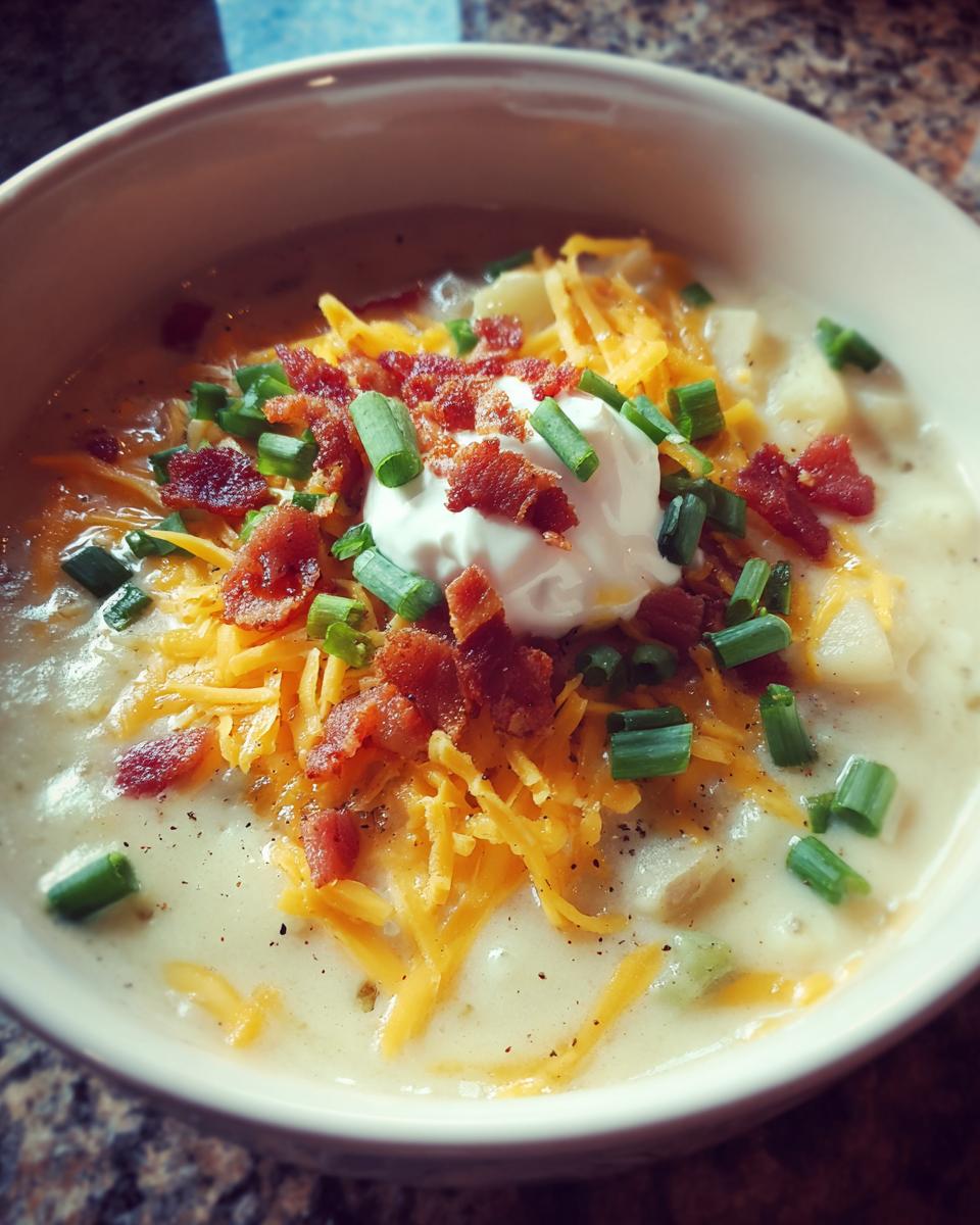 A bowl of creamy slow cooker loaded baked potato soup topped with cheese, sour cream, bacon, and chives.