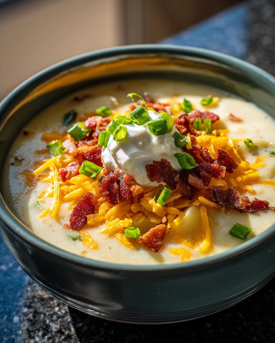 Close-up of a bowl of Slow Cooker Loaded Baked Potato Soup topped with cheese, bacon, sour cream, and green onions.
