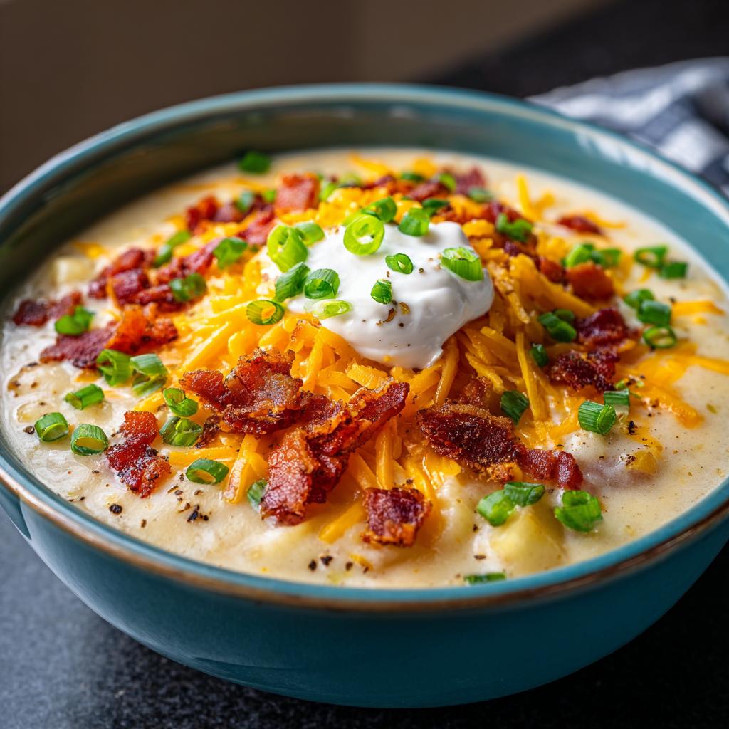 A close-up of a bowl of loaded baked potato soup, topped with cheese, bacon, sour cream, and chives.