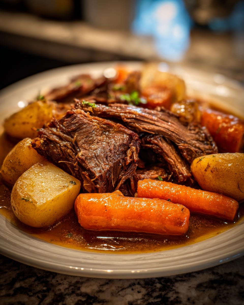 A close-up of a plate of slow cooker pot roast, featuring tender shredded beef, chunks of carrots, and potatoes in a rich gravy.