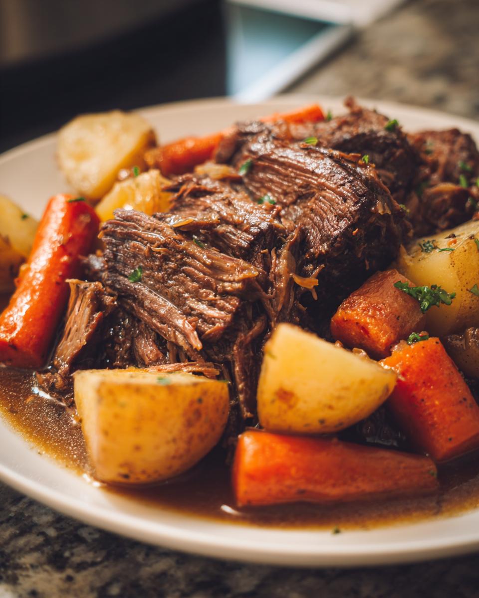 A close-up of a slow cooker pot roast with tender shredded beef, carrots, and potatoes in a savory sauce.