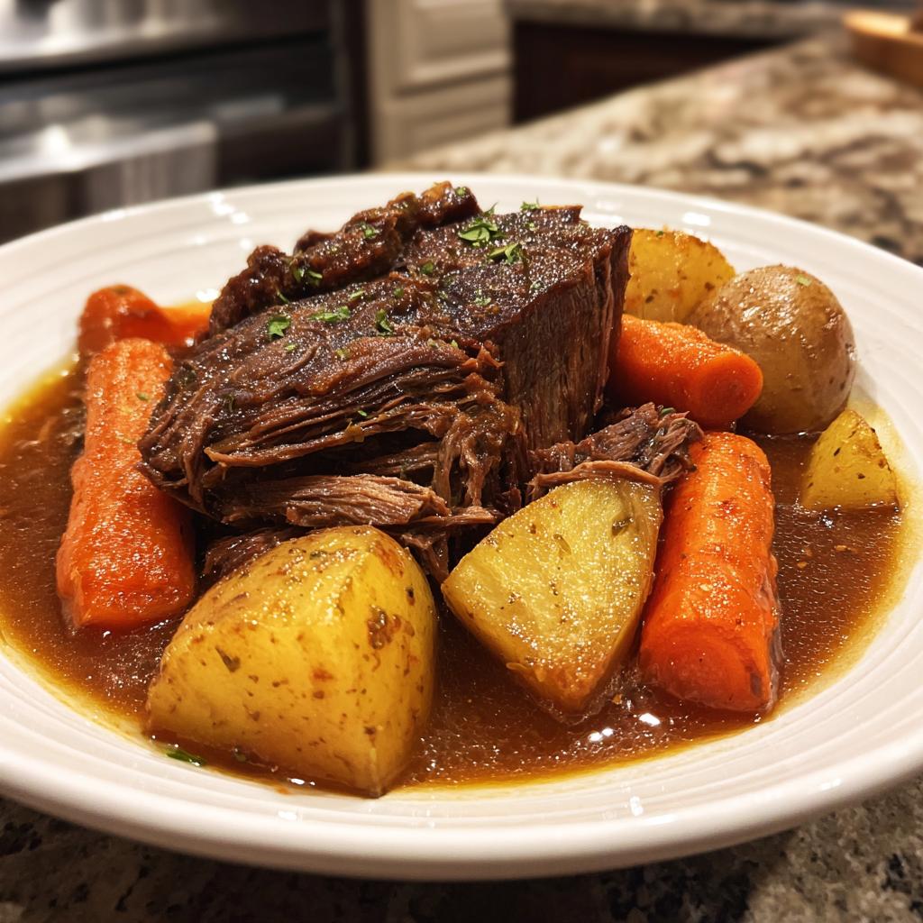 A hearty slow cooker pot roast served with tender potatoes and carrots in rich gravy.