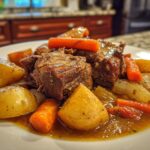 A close-up of a slow cooker pot roast served with tender potatoes and carrots in a rich gravy.