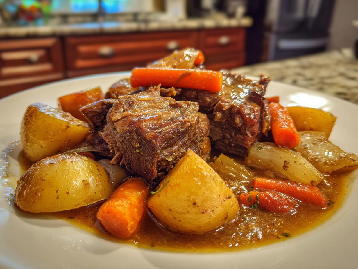 A close-up of a slow cooker pot roast served with tender potatoes and carrots in a rich gravy.