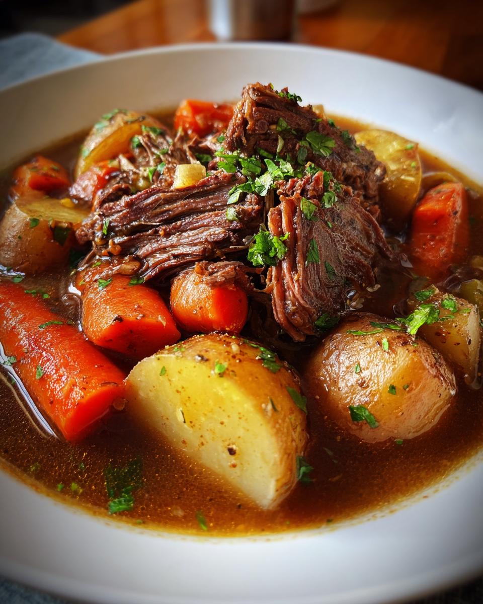 A comforting bowl of slow cooker pot roast with tender beef, carrots, and potatoes, garnished with parsley.