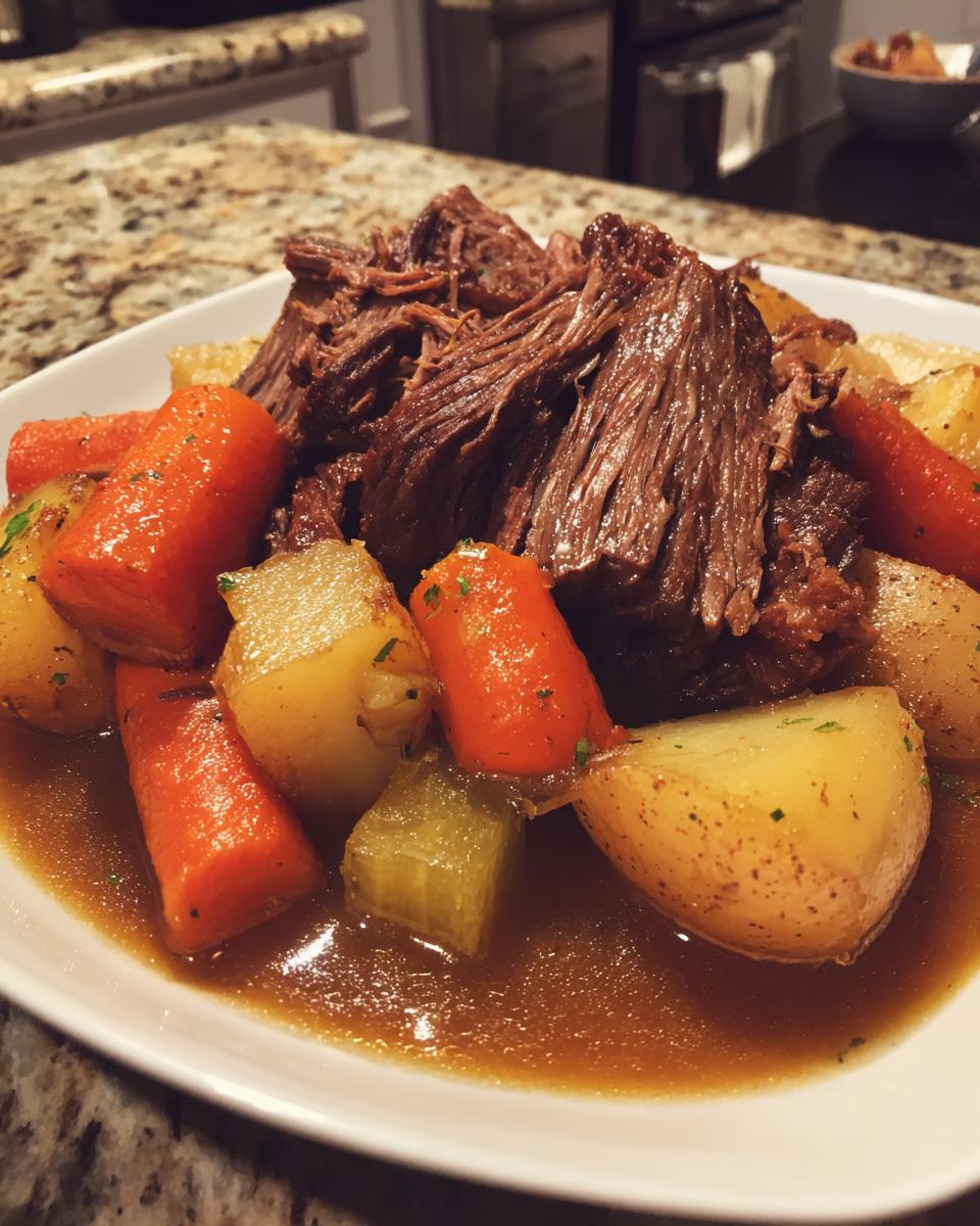 A hearty slow cooker pot roast with tender shredded beef, carrots, potatoes, and celery in rich gravy.