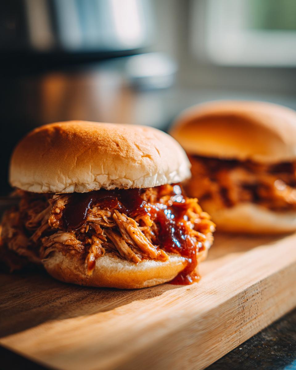 Close-up of a delicious Slow Cooker Pulled BBQ Chicken sandwich on a bun, drizzled with sauce.
