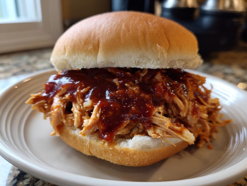 A delicious pulled BBQ chicken sandwich made with slow cooker recipes, piled high on a bun with BBQ sauce.