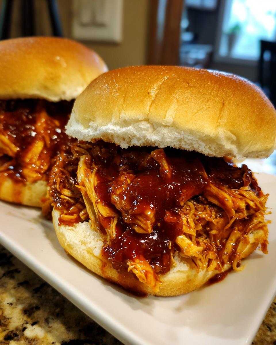 Two delicious Slow Cooker Pulled BBQ Chicken Sandwiches piled high on soft buns.
