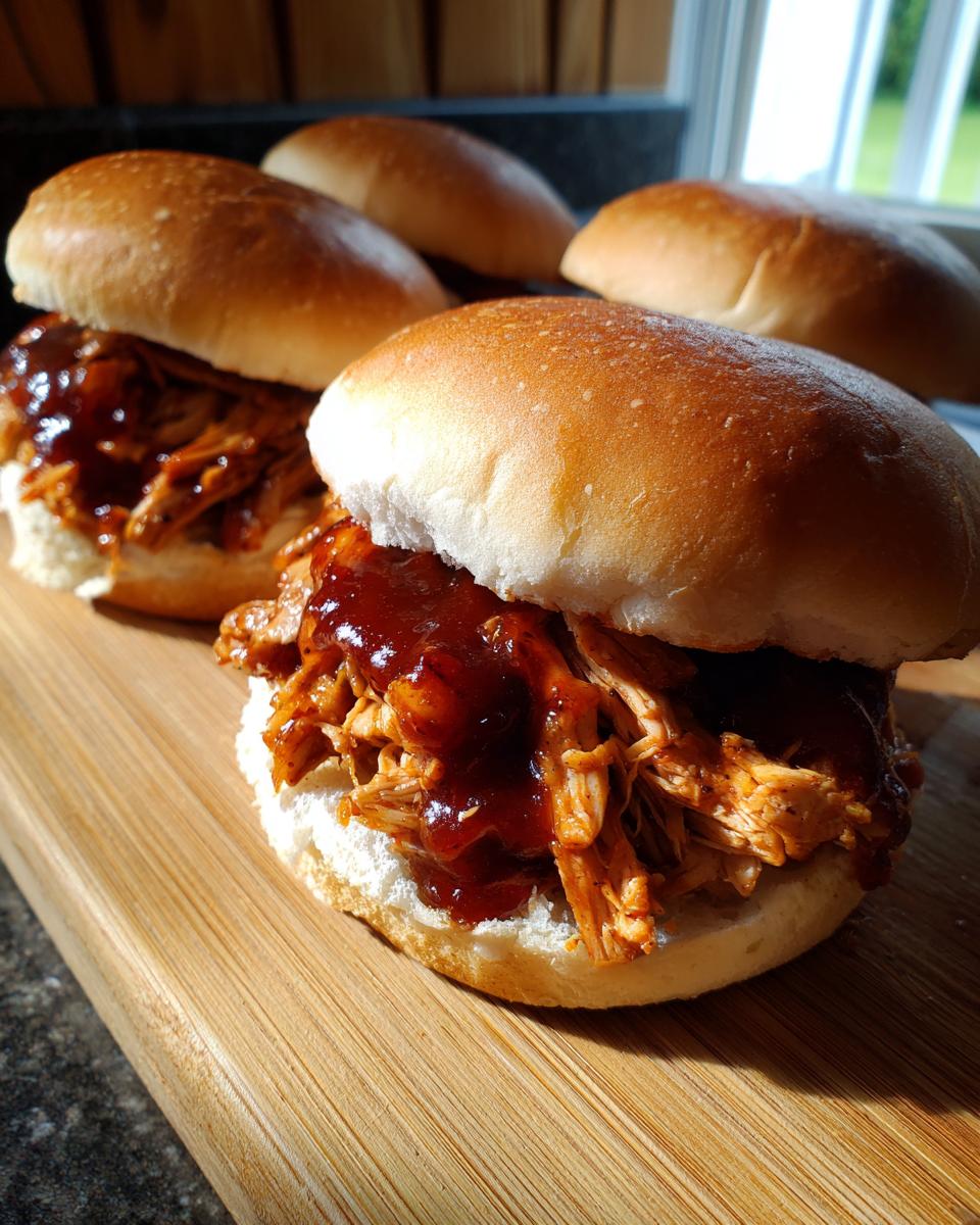 Close-up of two delicious slow cooker pulled BBQ chicken sandwiches on buns, generously topped with BBQ sauce.