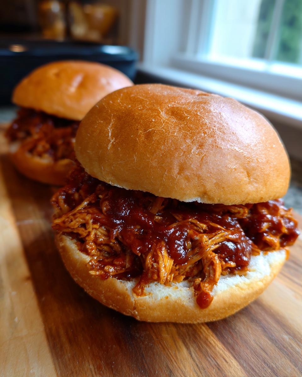 Two delicious slow cooker pulled BBQ chicken sandwiches on a wooden board, ready to eat.