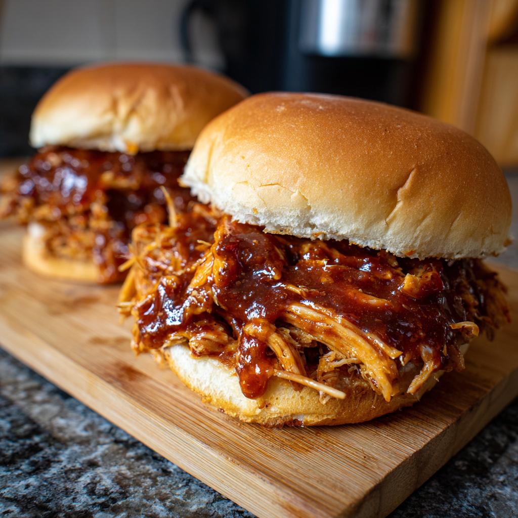 Two delicious slow cooker pulled BBQ chicken sandwiches piled high on buns, served on a wooden cutting board.