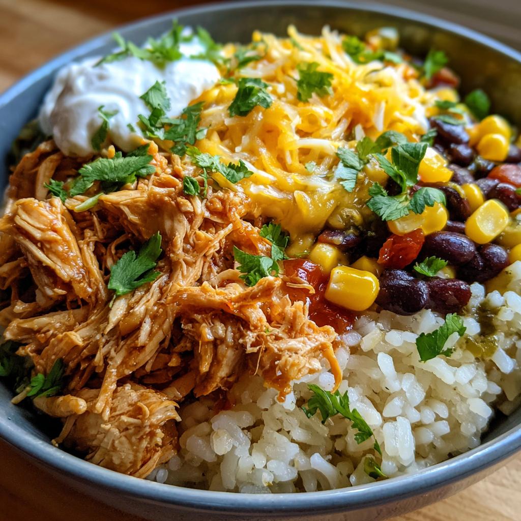 A delicious bowl of Slow Cooker Salsa Verde Chicken Taco Bowl, topped with cheese, sour cream, beans, and corn.