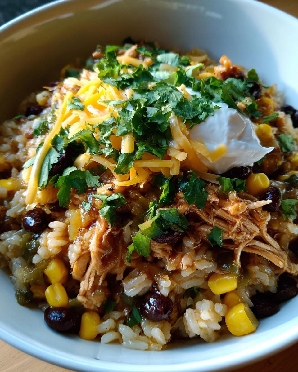A close-up of a delicious Slow Cooker Salsa Verde Chicken Taco Bowl, topped with shredded cheese, sour cream, and cilantro.