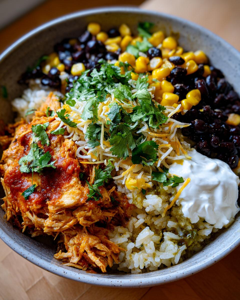 A delicious Slow Cooker Salsa Verde Chicken Taco Bowl with rice, black beans, corn, cheese, and sour cream.