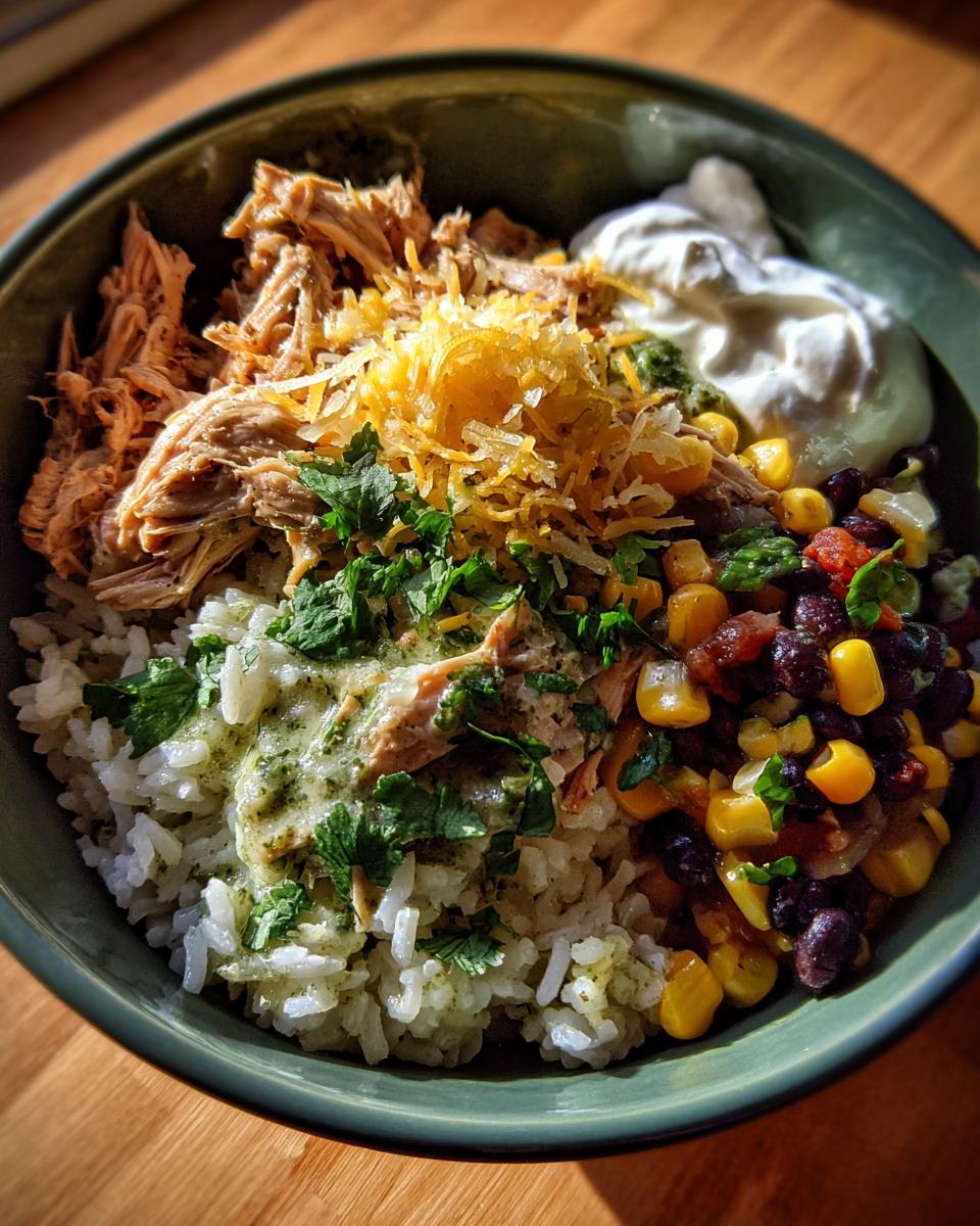 A close-up of a delicious Slow Cooker Salsa Verde Chicken Taco Bowl with rice, shredded chicken, corn, black beans, cheese, and sour cream.