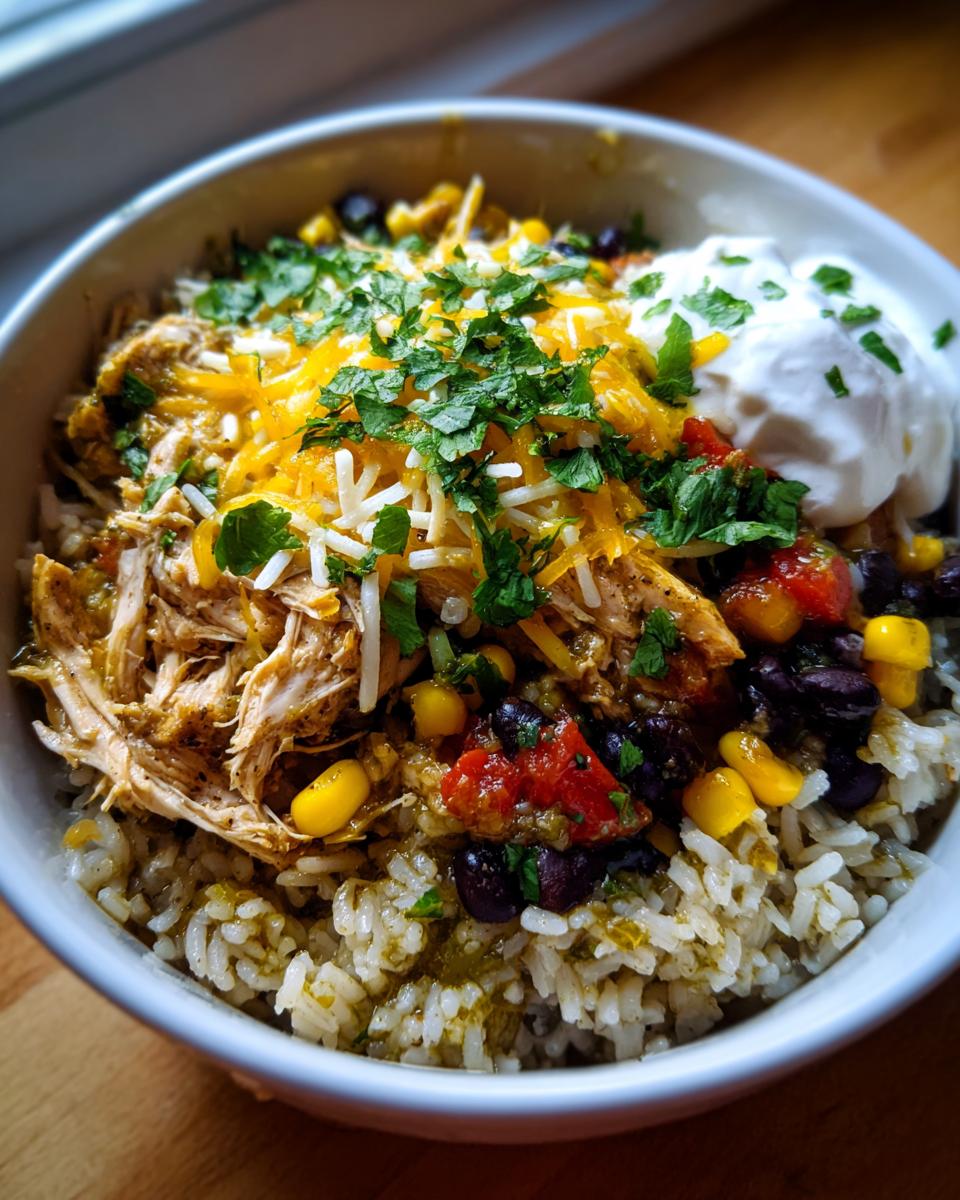 A close-up of a delicious Slow Cooker Salsa Verde Chicken Taco Bowl with rice, shredded chicken, black beans, corn, cheese, and sour cream.