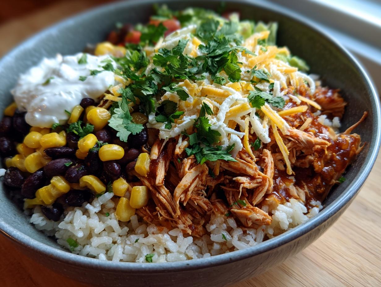 A delicious Slow Cooker Salsa Verde Chicken Taco Bowl filled with rice, shredded chicken, black beans, corn, cheese, and sour cream.