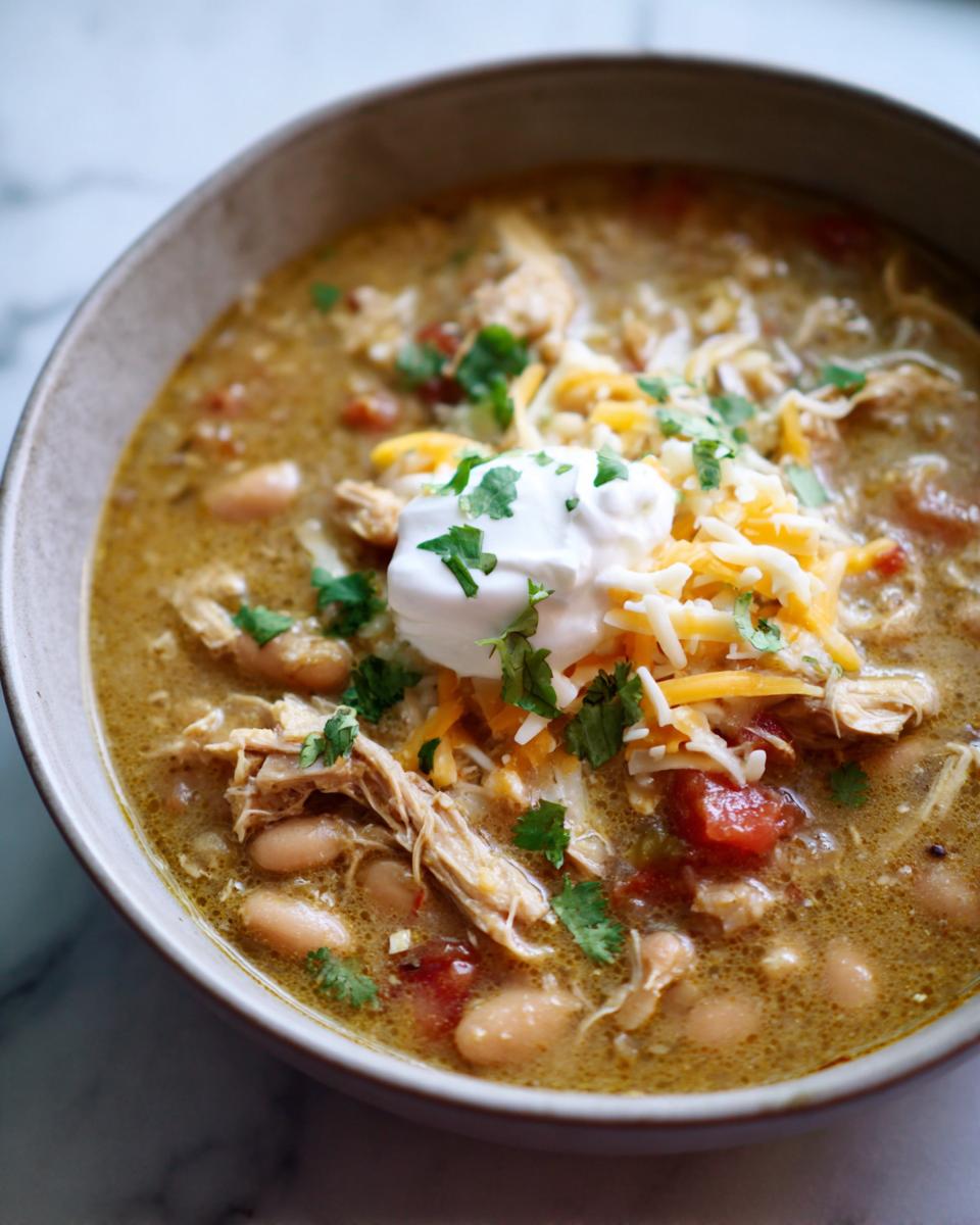 A close-up of a bowl of flavorful slow cooker white chicken chili, topped with shredded cheese, sour cream, and cilantro.