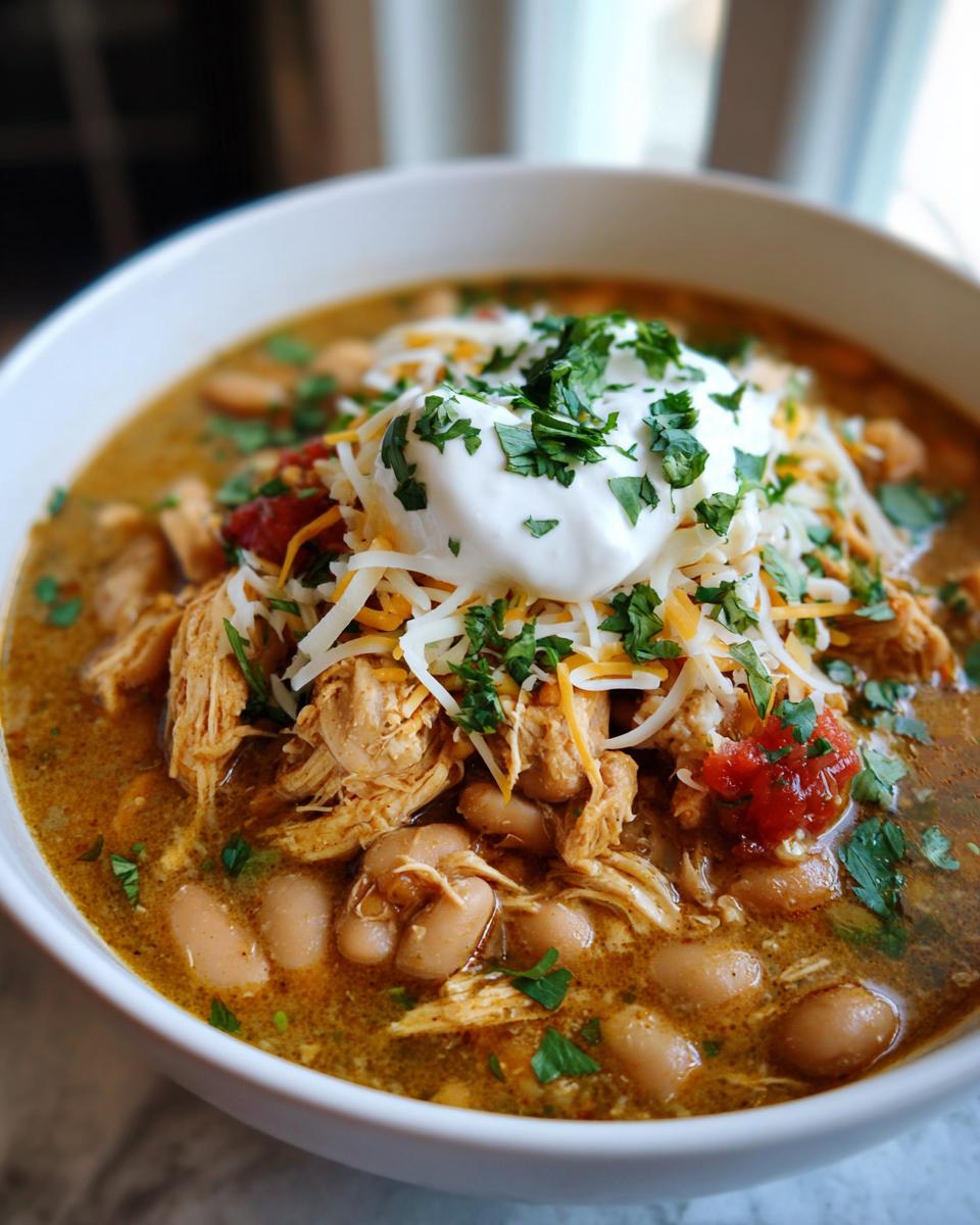A close-up of a bowl of Slow Cooker White Chicken Chili, topped with shredded cheese, sour cream, and cilantro.