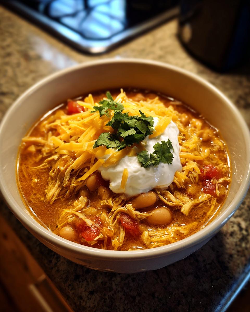 A hearty bowl of slow cooker white chicken chili, topped with sour cream, shredded cheese, and cilantro.