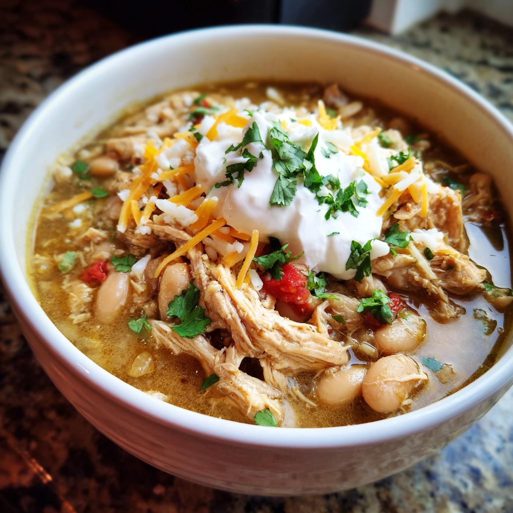 A bowl of flavorful slow cooker white chicken chili topped with sour cream, shredded cheese, and cilantro.