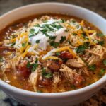A hearty bowl of slow cooker white chicken chili full of flavor, topped with sour cream, shredded cheese, and cilantro.