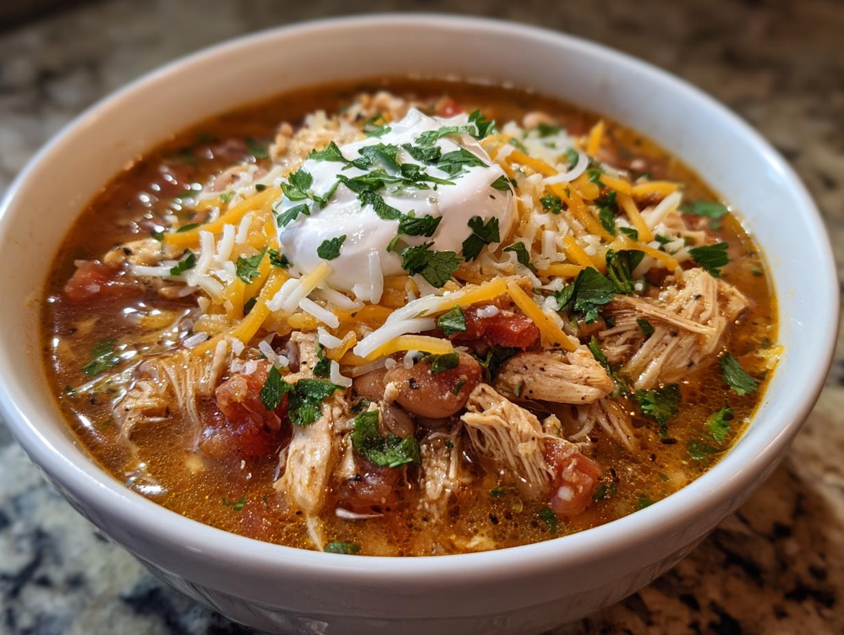 A hearty bowl of slow cooker white chicken chili full of flavor, topped with sour cream, shredded cheese, and cilantro.