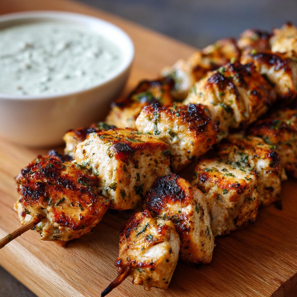 Close-up of grilled smoky chicken skewers with herbs, served with a bowl of garlic yogurt dip.